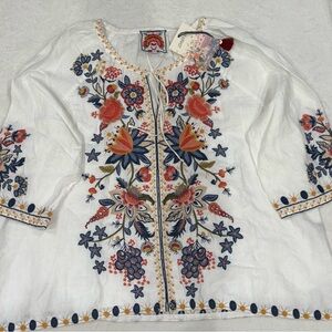 Johnny Was White Graphic Embellished Blouse